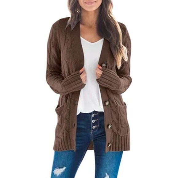 Women's Fall Long Sleeve Cable Knit Sweater Open Front Cardigan, Coffee - Picture 1 of 7